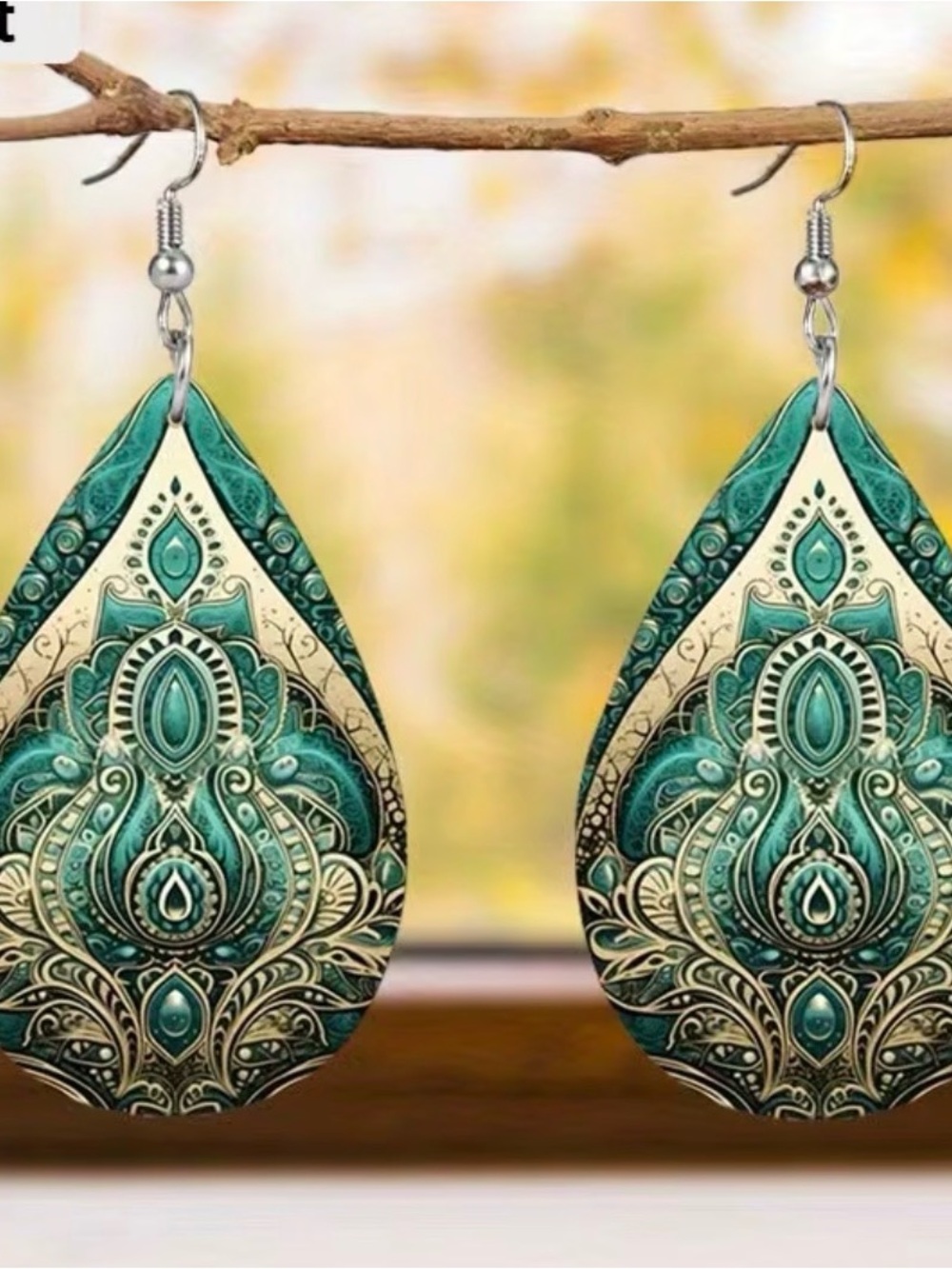 Teardrop Filigree Dangle Earrings - Turquoise Green